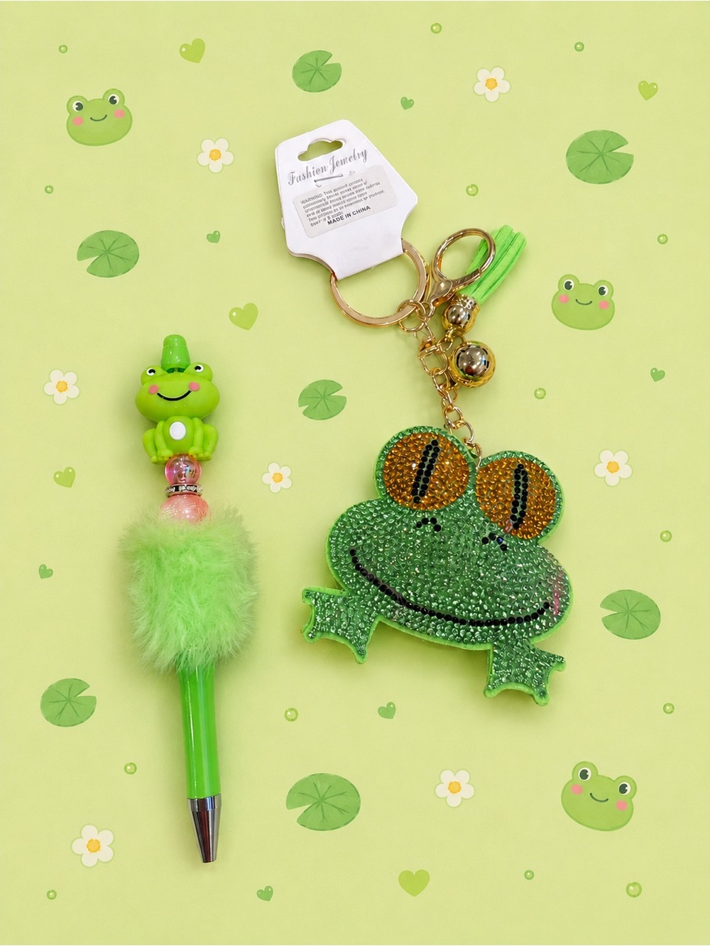Handmade frog beaded pen with a Green rhinestone frog keychain/bag charm